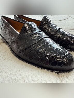 $1,400 Magnanni Genuine Crocodile Alligator Exotic Skin Black Penny Loafers 10.5